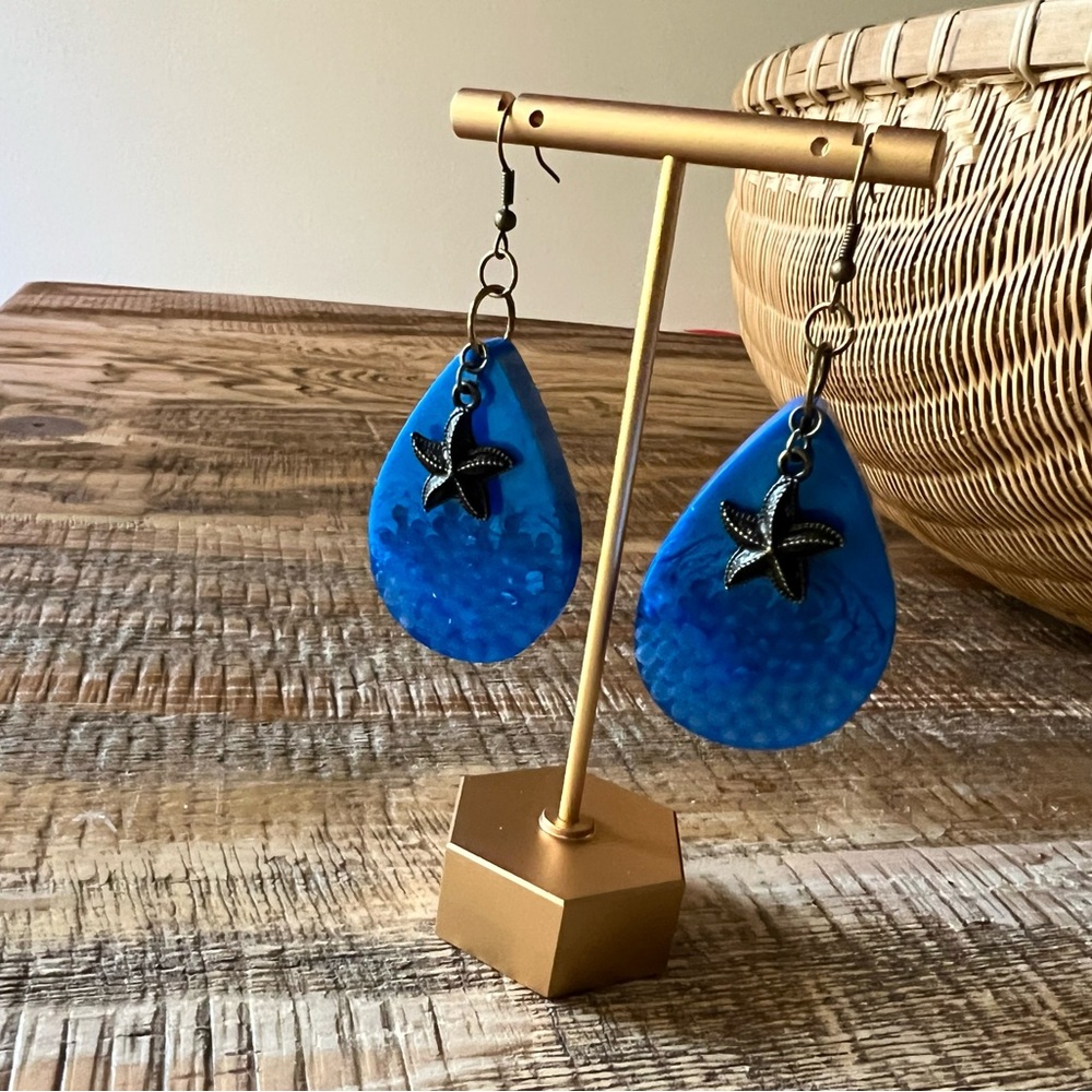 Handmade True Blue Ocean Resin Earrings with Starfish Charm